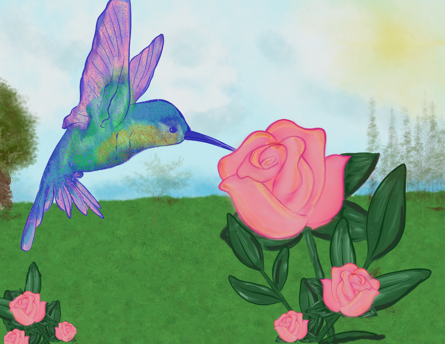 Hummingbird and Roses