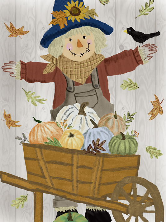 Scarecrow with Wheelbarrow full of Pumpkins